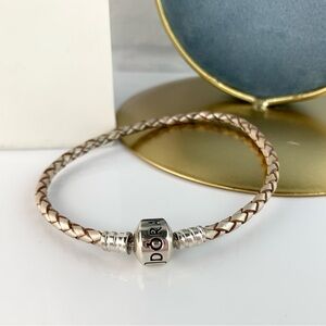 Pandora Woven Champagne Leather Bracelet Size 7.1"